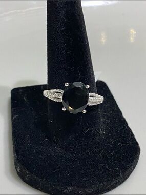 Sterling Silver Ring with Black Oval Tourmaline Stone